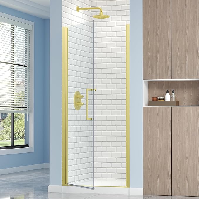 Frameless Pivot Shower Door 30.8-32" W X 72" H, 1/4" (6mm) Clear SGCC Tempered Glass, Hinged Pivot Swing Shower Door, Reversible Installation, Easy to Clean, Brushed Gold
