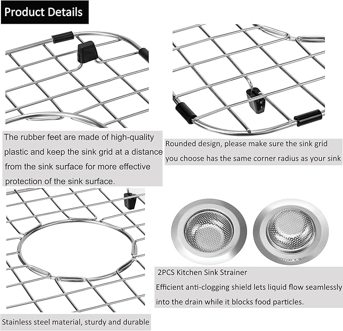 4 Pack Sink Protectors for Kitchen Sink with Center Drain Hole, 13.7"x11.6" Stainless Steel Kitchen Sink Bottom Grid 2pcs with 2pcs Sink Strainers (Silver)