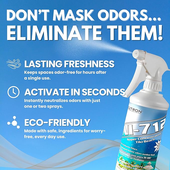 Neutron Industries NI-712 Tiki Beach Odor Eliminator Spray (3 bottles) – Powerful, Long-Lasting Odor Neutralizer – Instant Air Freshener for Home, Car & More – Pint-Sized (16 oz)