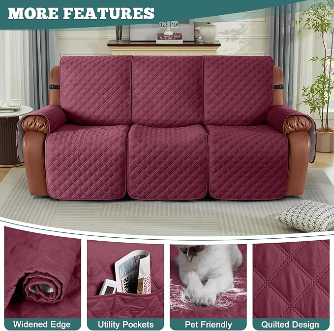 Ruaozz Waterproof Recliner Sofa Covers, 1-Piece Couch Covers for Reclining Couches Reclining Couch Cover Washable Furniture Protector with Elastic Straps Pocket for Kids Pets (Wine, 3 Seater)
