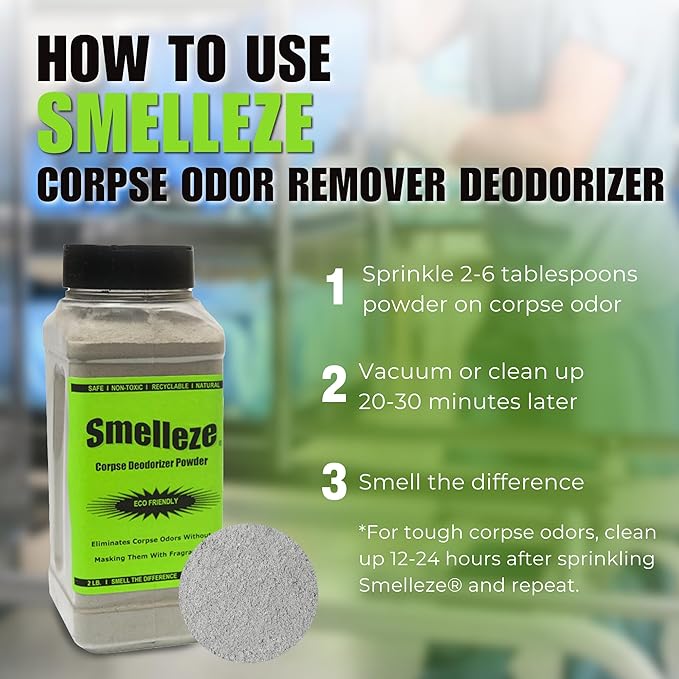SMELLEZE Natural Corpse Odor Absorbent & Deodorizer Powder - Deodorizes Morgues, Funeral Homes, Hospitals, Nursing Homes, Ambulances, Body Bags & Furniture, 2 lb. Powder