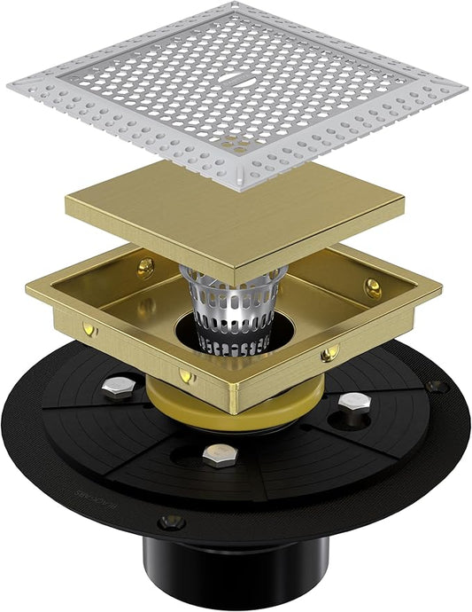 4 Inch Gold Square Shower Drain Kit with Flange,Modern Floor Drain with 2-in-1 Cover Tiled Insert Grate,Stainless Steel SUS 304