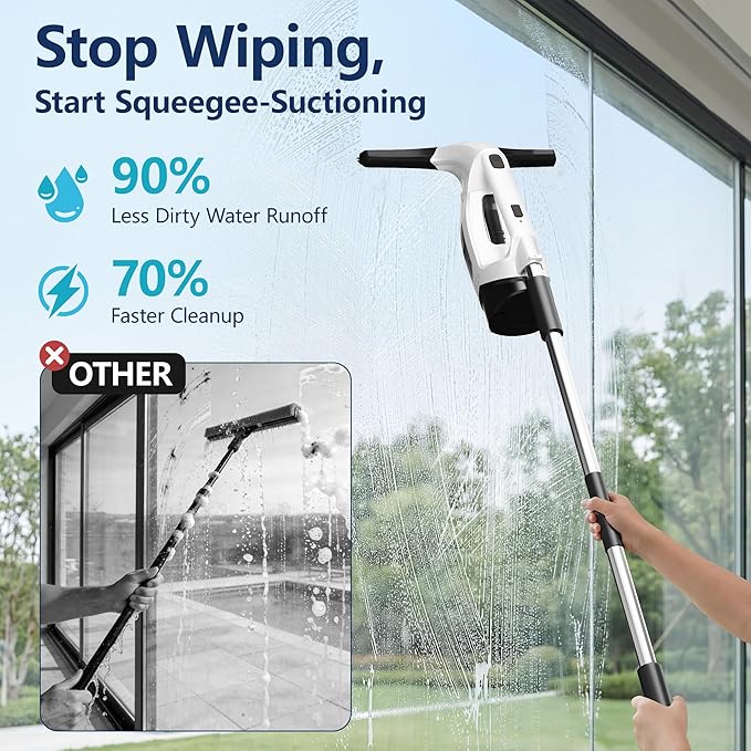 Aixiqee Window Vacuum Squeegee with Extendable Pole 31-40", 2000Pa Electric Window Cleaning Tool with 2200mAh and 150ml Dirty Water Tank, Long Handle Squeegee for Shower Glass, Window Cleaning (White)