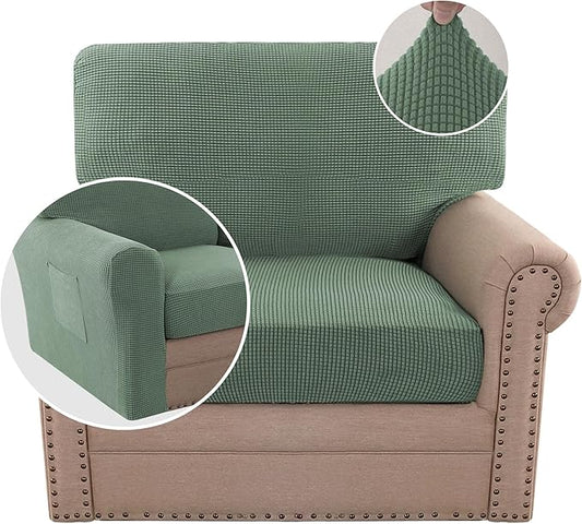 H.VERSAILTEX Multi-Pieces Chair Covers Stretch Couch Covers Form Fitted Seat and Back Cushions Covers (1 Seat Cover Plus 1 Back Cusion Cover, Bonus 2 Armrest Covers), Loden Frost