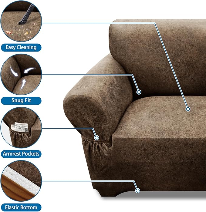 Single Sofa Cover Leather Look Chair Covers for Living Room 1-Piece Sofa Chair Covers with Arms Stretch Furniture Protector with Elastic Bottom & Pockets(Armchair, Light Brown)