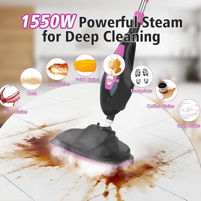 Steam Mop for Floor Cleaning, Handheld Electric Mop Steamer for Home, Hardwood Floor Steamer for Kitchen, Living Room Wood Floor Tile Carpet Clothes Cleaning, Black and Pink