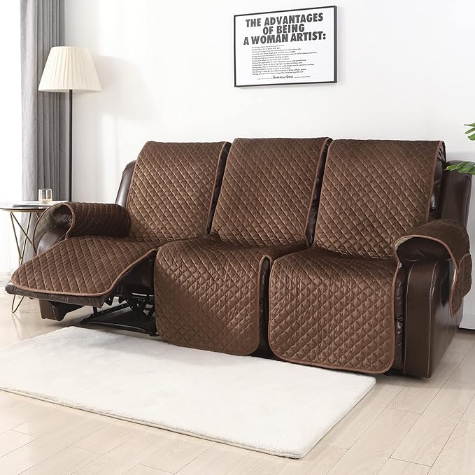 LUFEIJIASHI Non Slip Recliner Sofa Covers,Velvet Waterproof Recliner Couch Covers for 3 seat,Washable Reclining Couch Cover Furniture Protector for Dogs,Pets (Brown, 3 Seater)