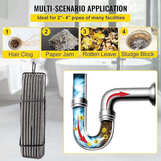 VEVOR Drain Cleaning Cable 100 ft x 1/2 inch Solid Core Cable Sewer Cable, Drain Auger Cable Cleaner, Snake Clog Pipe Drain Cleaning Cable W/Four Shapes of Cutters
