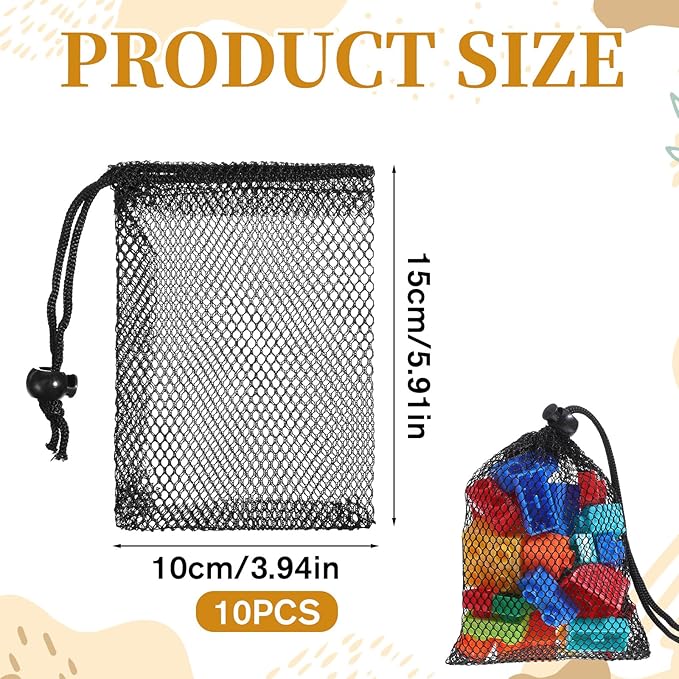 TIESOME 10 Pcs Mesh Drawstring Bags, 6" x 4" (15×10cm) Small Mesh Bag With Cord Lock Closure, Durable Breathable Net Bags For Laundry, Travel, Beach Toys, Seashell Collecting (Black)