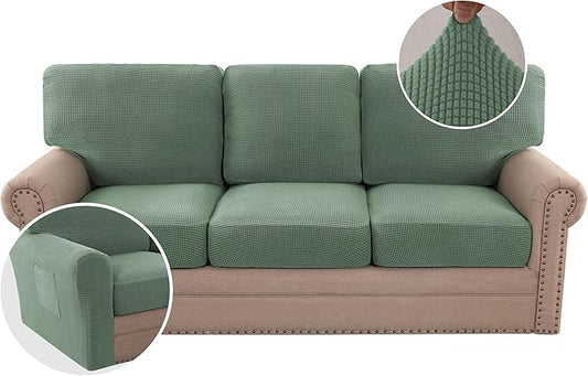 H.VERSAILTEX Multi-Pieces Sofa Covers Stretch Couch Covers Form Fitted Seats and Back Cushions Covers (3 Seat Covers Plus 3 Back Cusion Covers, Bonus 2 Armrest Covers), Loden Frost