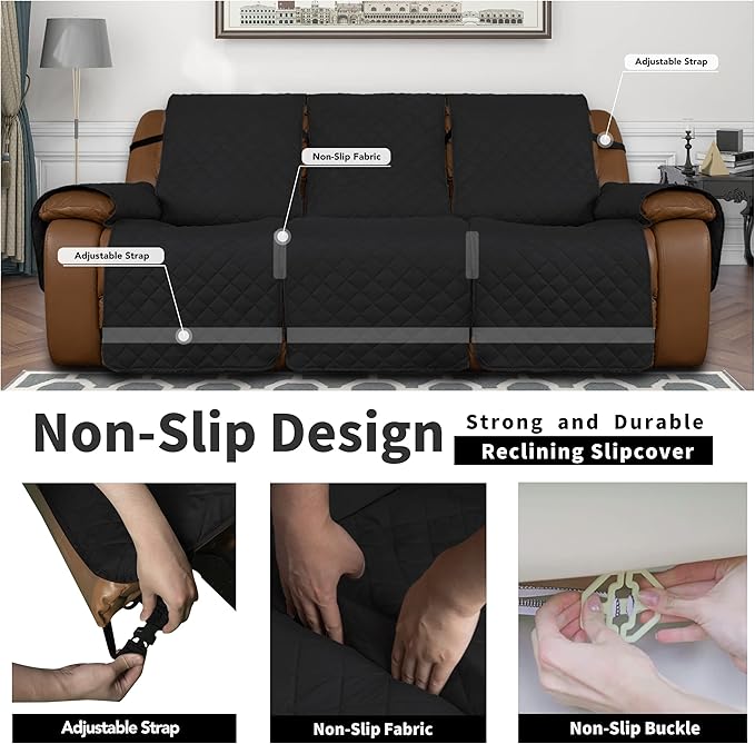 Easy-Going Oversized Recliner Sofa Cover, Reversible Couch Cover for 3 Seat Recliner, Split Sofa Cover for Each Seat with Elastic Straps for Kids, Dogs, Pets (3 Seater, Black/Black)