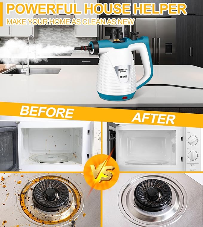 Handheld Steam Cleaner with 9 Accessories, Pressurized Handheld Multi-Surface Natural Steam Cleaner for Home, Multi-Purpose Portable Steamer for Cleaning Floor, Upholstery, Grout and Car