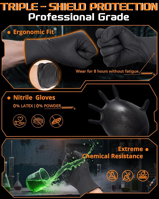 wcy Anboson 9 Mil Latex Free Disposable Nitrile Gloves - Black, M, 30PCS (Diamond Grip for Mechanics/Automotive/Industrial/Garden Rubber Gloves for Men, Touchscreen Compatible)