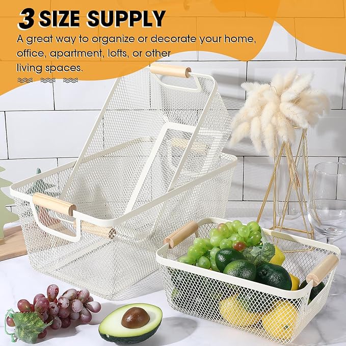 4 Pcs Metal Wire Basket with Wooden Handles Mesh Steel Storage Organizer Bin Containers for Home Organizing Cabinet Pantry Closet Kitchen Fridge Fruit Makeup Snacks Gifts(Large,Cream White)