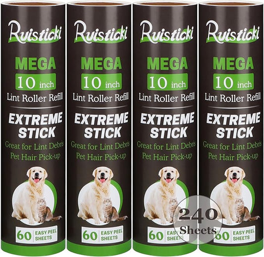 10 inch Lint Roller Refill Compatible with Large Mega 10 in Wide Lint Rollers, Pack of 4 Refills, 60 Sheets per Refill, Total 240 Extreme Stick Sheets