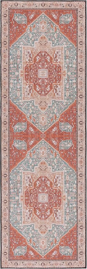 SAFAVIEH Washable Rug Tucson Collection - 2'6' x 8' Runner, Aqua & Rust, Slip Resistant & Easy to Clean, Ideal for Hallway, Foyer, Entryway, Bedroom (TSN150J)