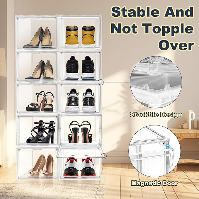 Size 12 Clear Shoe Boxes with Acrylic Magnetic Front Door Plastic Stackable Shoe Organier for Sneaker & Boots Collection, Space-Saving Shoe Storage for Closet Entryway, Bedroom