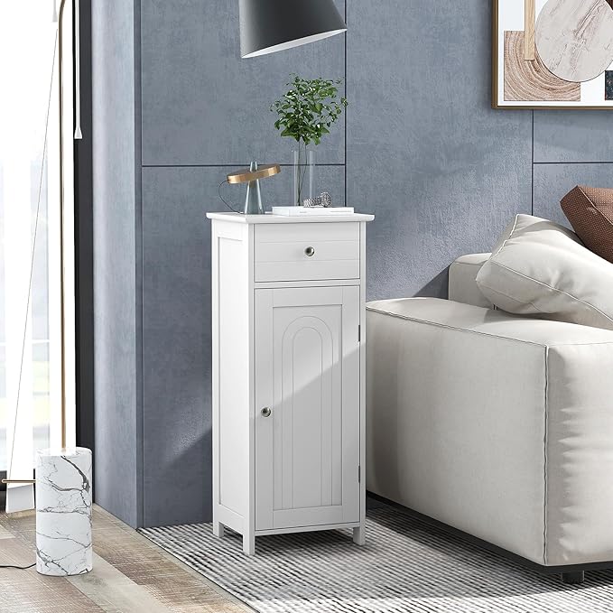NAFORT Bathroom Floor Cabinet, Freestanding Wooden Side Storage Cabinet with Drawer & Adjustable Shelves, Slim Storage Organizer for Bathroom, Living Room, Kitchen
