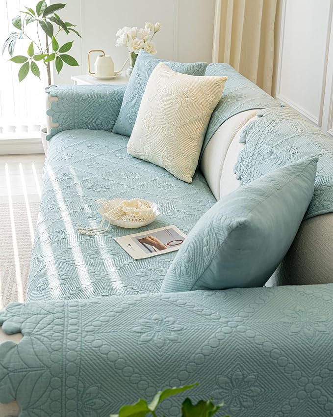 Cotton Quilted Dog Couch Cover for Sofa Farmhouse Rustic Embroidery Sectional Couch Cover Soft Anti-Slip Sofa Slipcover Furniture Protector for Kids, Pets (Blue,36"x94")