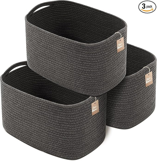 CHAT BLANC Cotton Rope Baskets for Organizing | Storage Baskets for Shelves | Rope Basket for Storage, Small Laundry Woven Baskets for Dog Toy Bin, Baby items, Graphite 3 Pack