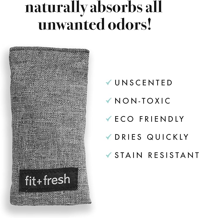 Fit + Fresh Activated Charcoal, 4 Pack (4” x 3.75” x 3.75”) Absorbs Odors and Deodorizes Lunch Bags, Non-Toxic and Safe for Backpacks, Shoes, Closet and Car, Gray