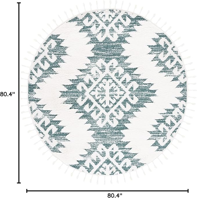 SAFAVIEH Moroccan Tassel Shag Collection Area Rug - 6'7" Round, Green & Ivory, Boho Design, Non-Shedding & Easy Care, 2-inch Thick Ideal for High Traffic Areas in Living Room, Bedroom (MTS652Y)