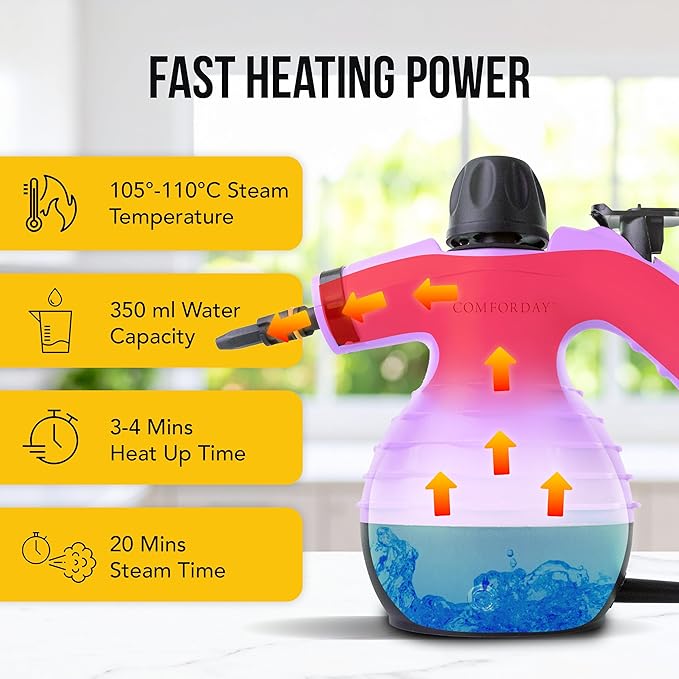 Comforday Multi-Purpose Handheld Pressurized Steam Cleaner with 9-Piece Accessories, Handheld Steamer Perfect for Stain Removal, Curtains, Car Seats, Floor, Bathroom, Window Cleaning (Purple)