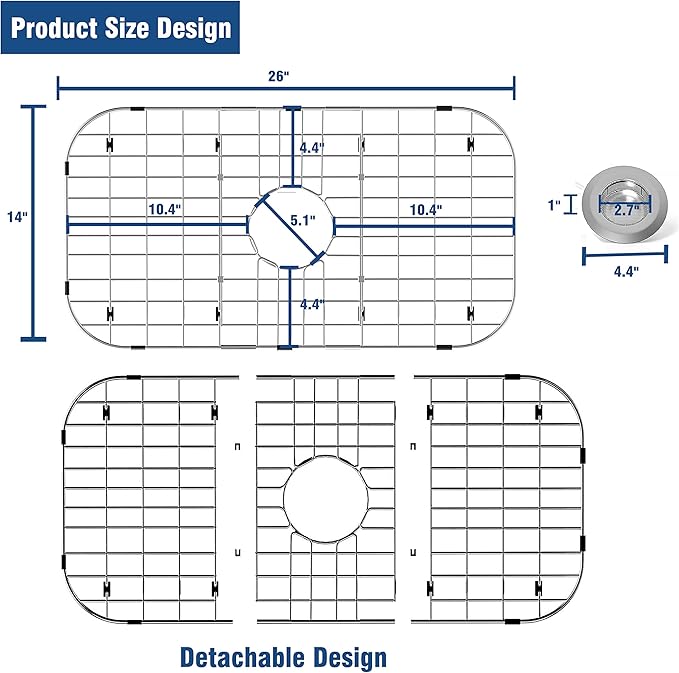 Stainless Steel Sink Protector 26"x14" with Center Drain, Metal Sink Rack for Bottom of Sink, Kitchen Sink Grate and Sink Protectors with Sink Strainer (26" x 14" - Center Drain)