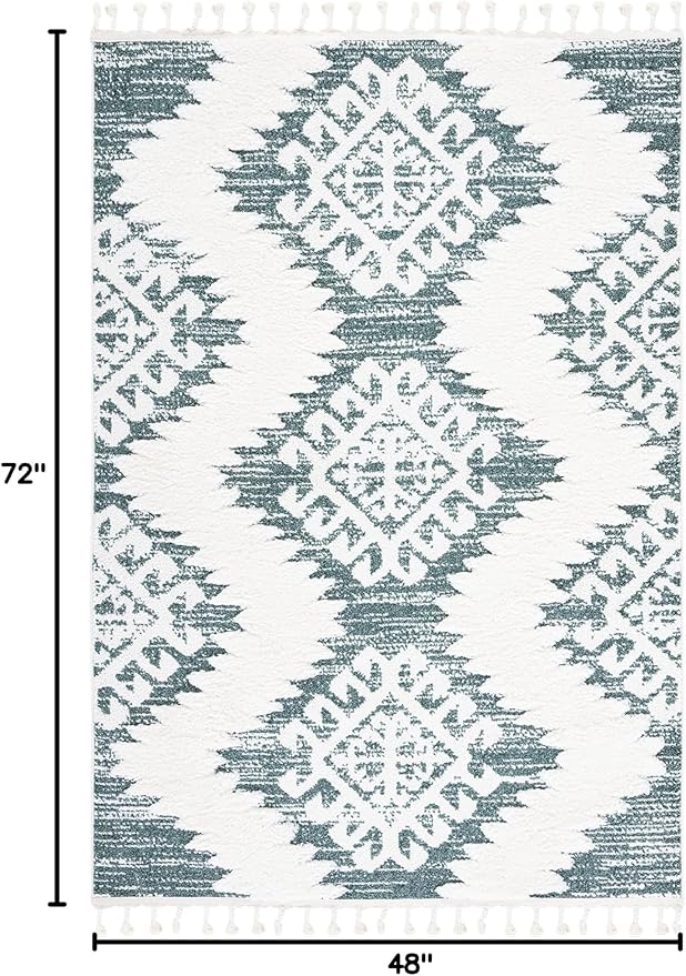 SAFAVIEH Moroccan Tassel Shag Collection Accent Rug - 4' x 6', Green & Ivory, Boho Design, Non-Shedding & Easy Care, 2-inch Thick Ideal for High Traffic Areas in Foyer, Living Room, Bedroom (MTS652Y)