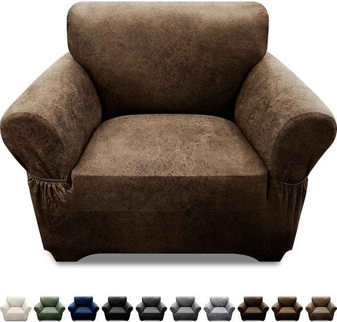 Single Sofa Cover Leather Look Chair Covers for Living Room 1-Piece Sofa Chair Covers with Arms Stretch Furniture Protector with Elastic Bottom & Pockets(Armchair, Brown)