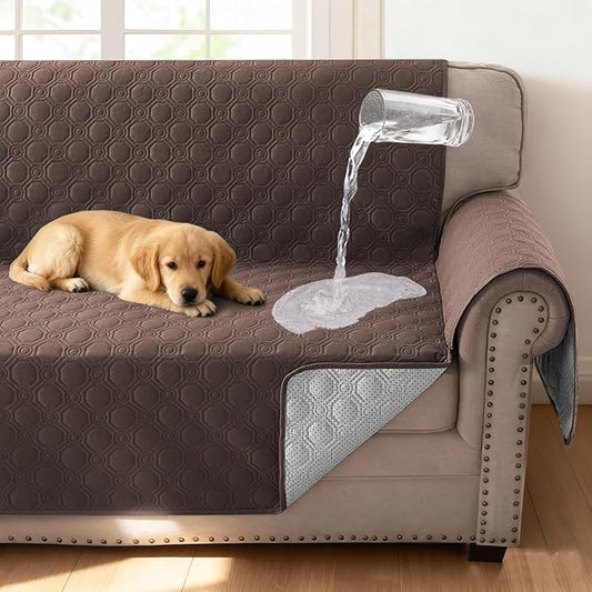 H.VERSAILTEX 100% Waterproof Sofa Cover Washable Couch Cover for Dogs with Elastic Straps Thick Durable Furniture Protector for Pets Couch Cover for 3 Cushion Couch(XL Sofa, Brown)