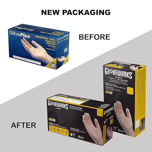 GLOVEPLUS AMMEX Industrial Clear Vinyl Gloves, Latex Free, Powder Free, Food Safe, Disposable, Non-Sterile