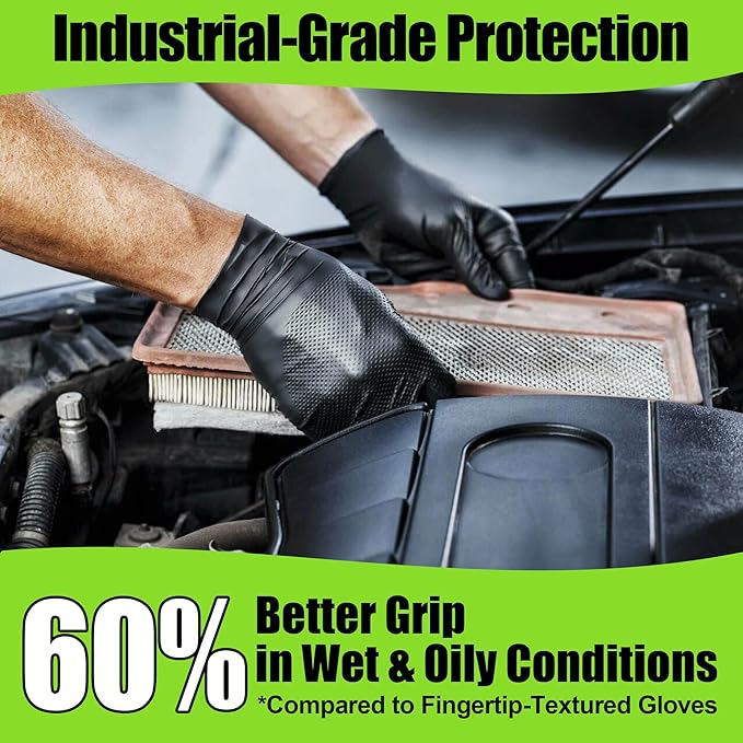 TREEGO 10 Mil Black Nitrile Gloves Heavy Duty — Raised Diamond Texture Grip, Latex Free Disposable Mechanic Work Gloves, Large, 100 Count