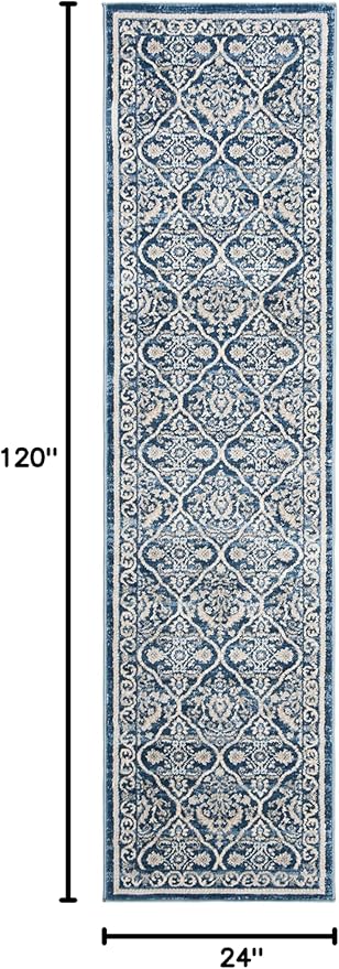SAFAVIEH Brentwood Collection 2' x 10' Navy / Light Grey BNT870M Oriental Damask Trellis Non-Shedding Living Room Entryway Foyer Hallway Bedroom Runner Rug