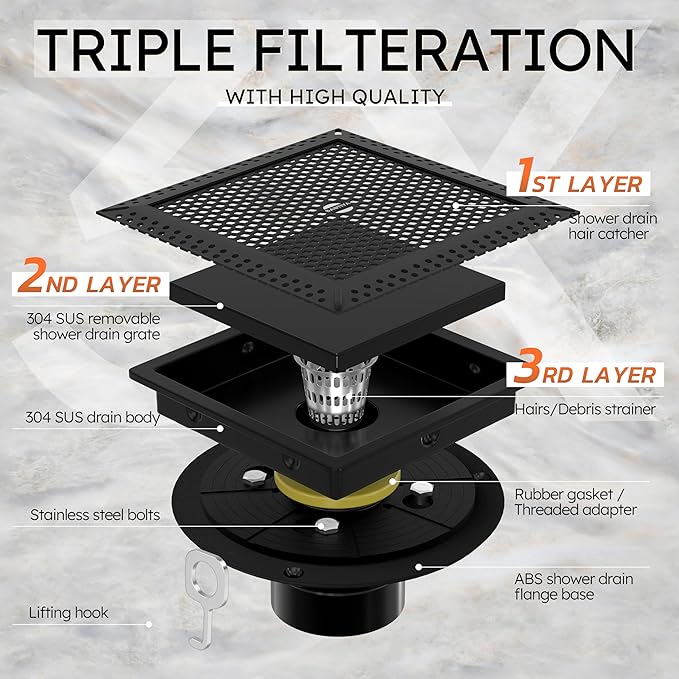 6 Inch Square Black Shower Drain with Flange,Modern Floor Drain with 2-in-1 Cover Tiled Insert Grate,SUS 304 Stainless Steel