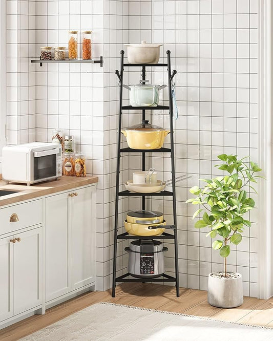 6-Tier Cookware Stand, Triangle Shelf Storage Tower for Kitchen, Pans Pots Storage Rack, Metal Wire Shelf Organizer, Corner Shelf, for Kitchen, Living Room, Black TPR14BB