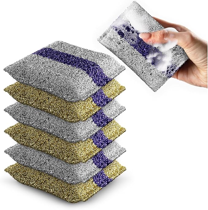 HELOMOR 6 Pack Dish Wash Sponges for Kitchen, Heavy Duty Non Scratch Dish Sponge, Wire Scrub Sponges for Cleaning Cookware, Glass, Countertops, Pans, Pots with Special Scrubbing Strip