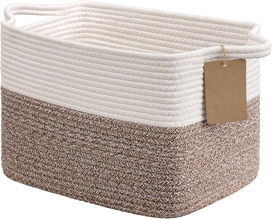 Goodpick Woven Storage Basket, Cotton Rope Baskets for Toys, Books, Small Baby Laundry Baskets with Handles, Rectangle Dog Toy Basket for Living Room, 13 x 10 x 9 Inches