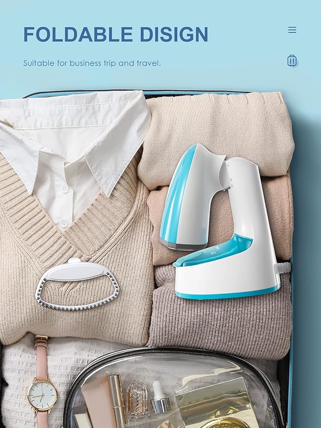 Steamer for Clothes, Folding Handheld Design Garment Wrinkles Remover, 20g/min Strong Penetrating Steam, 25-Sec Fast Heat-up, for Home, Office and Travel (Aqua)