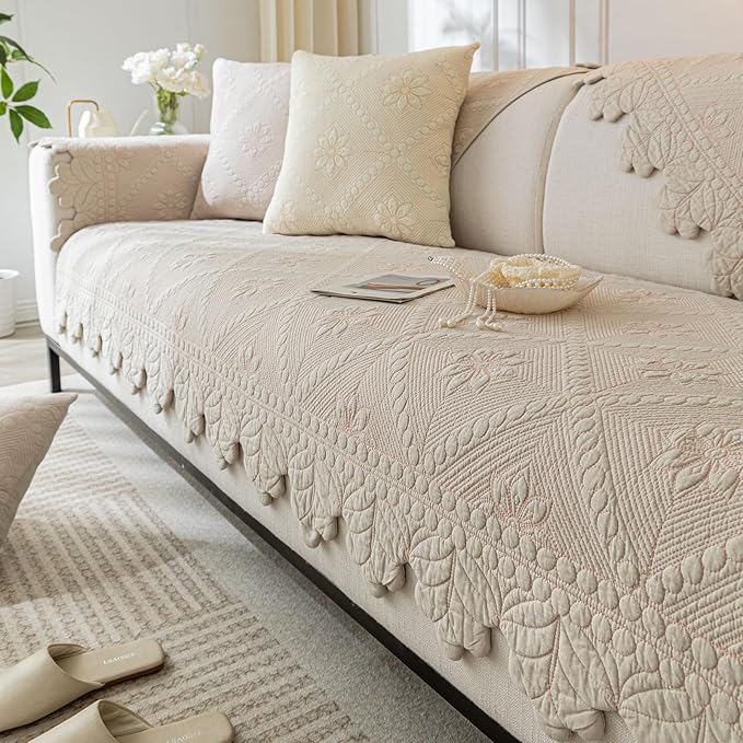 Cotton Quilted Dog Couch Cover for Sofa Farmhouse Rustic Embroidery Sectional Couch Cover Soft Anti-Slip Sofa Slipcover Furniture Protector for Kids, Pets (Khaki,36"x70")