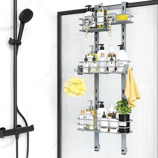 ODesign Over The Door Shower Caddy, 3-Tier Adjustable Hanging Shower Caddy with Soap Holder & 4 Hooks, Rustproof Bathroom Shower Organizer with Suction Cup,Shower Rack for Shampoo Razor, Slate-Grey