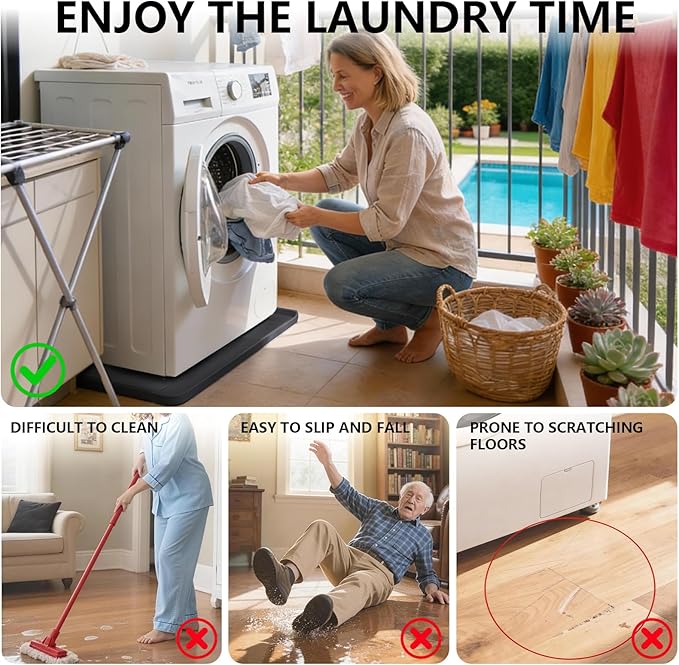 27×27×0.79inch Washing Machine Pan, With Raised Edge Washer Drip Tray, Drain Pan Silicone Mat, Foldable Portable Anti-Vibration Non-Slip Waterproof Pad, Textured Surface (Black)