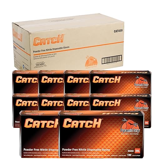 Adenna ProWorks CATCH Disposable Nitrile Gloves – 9 Mil, Heavy Duty Work Rubber Glove with Raised Pyramid Grip, Non–Latex & Powder Free, Case of 900, 2X–Large, Orange