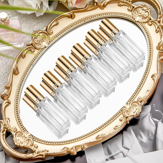 Domensi 90 Pcs 8 ml Empty Glass Perfume Bottles Bulk - Gold Refillable Cologne Spray Atomizer with Pump, for Travel, Skincare, Haircare, Cleaning & DIY Essentials