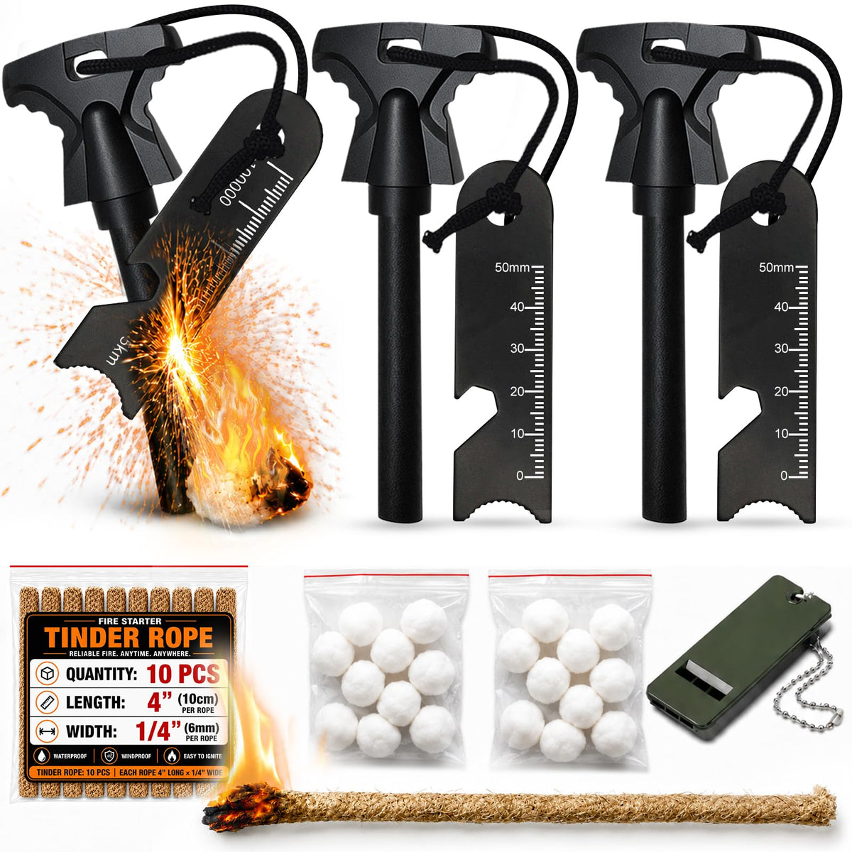 34PCS Fire Starter Survival Kit with 3 Ferro Rods & Striker - Image 1