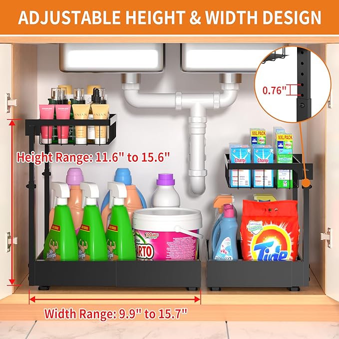 Expandable Under Sink Organizer and Storage, 2-Tier Adjustable Pull-Out Cabinet Organizers, Slide-Out Shelf with Width (9.9"-15.7") & Height (11.6"-15.6") for Kitchen & Bathroom