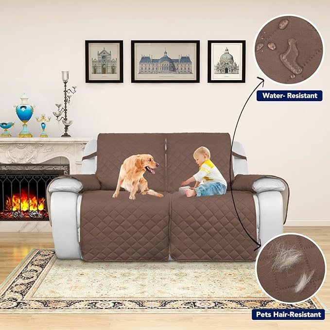 PureFit Water Resistant Reversible Sofa Covers for Reclining Sofa 2 Seat - Non Slip Split Recliner Couch Cover for Double Recliner, Washable Furniture Protector for Kids, Dogs (2 Seat, Brown/Beige)