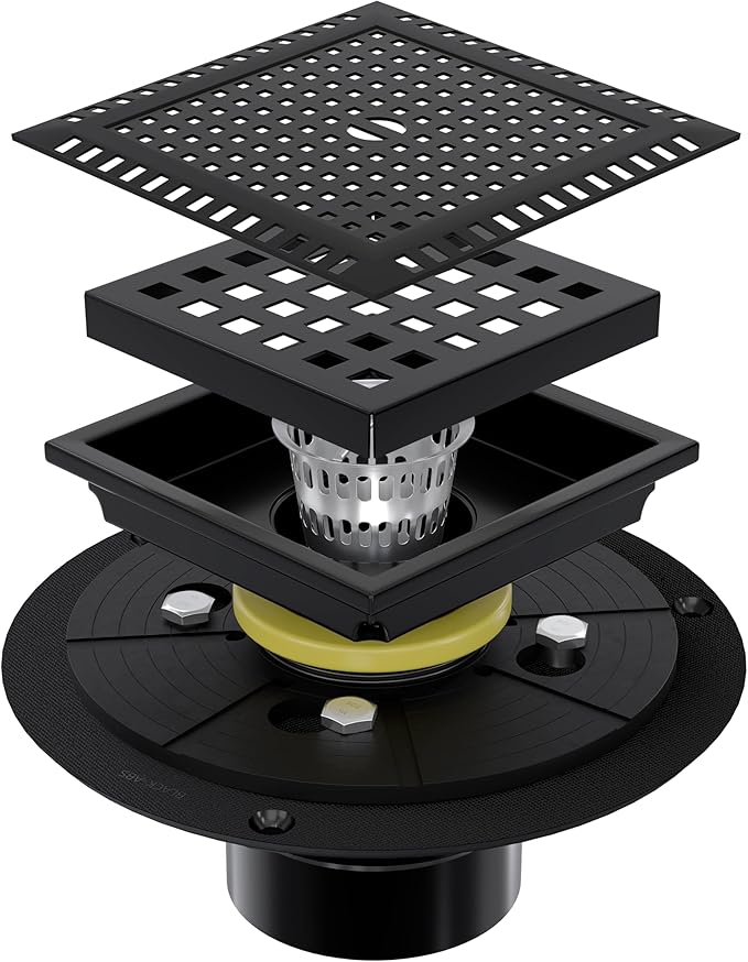 4 Inch Square Black Shower Drain Kit with Flange & Lifting Hook, Modern Floor Drain with Removable Quadrato Pattern Grate, Stainless Steel SUS 304 (Matte Black, 4 Inch)