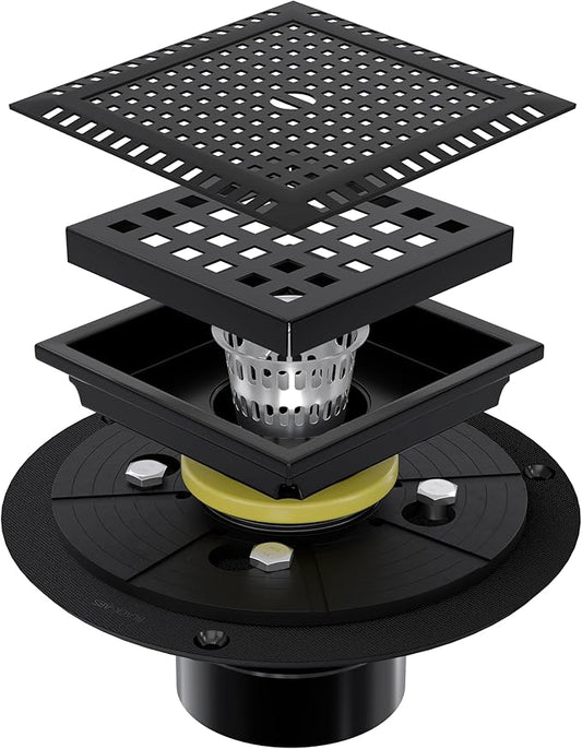 4 Inch Square Black Shower Drain Kit with Flange & Lifting Hook, Modern Floor Drain with Removable Quadrato Pattern Grate, Stainless Steel SUS 304 (Matte Black, 4 Inch)