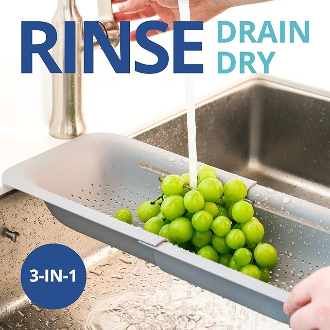 BLUE GINKGO Over the Sink Colander Strainer Basket - Wash Vegetables and Fruits, Drain Cooked Pasta and Dry Dishes - Extendable - New Home Kitchen Essentials (Grey, 1 Pack)